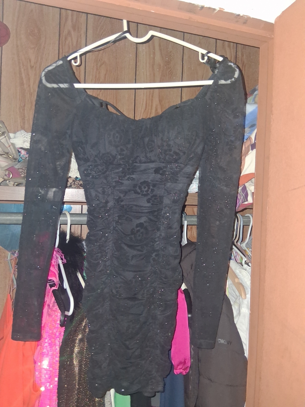 Black Long-Sleeve Ruched Evening Dress with Sparkle Detail